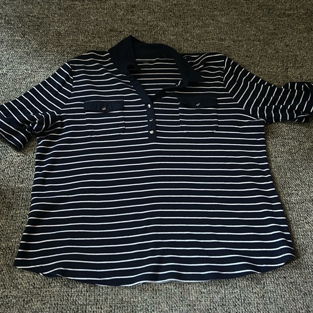 Croft & Barrow. Navy blue with stripes and button pockets.